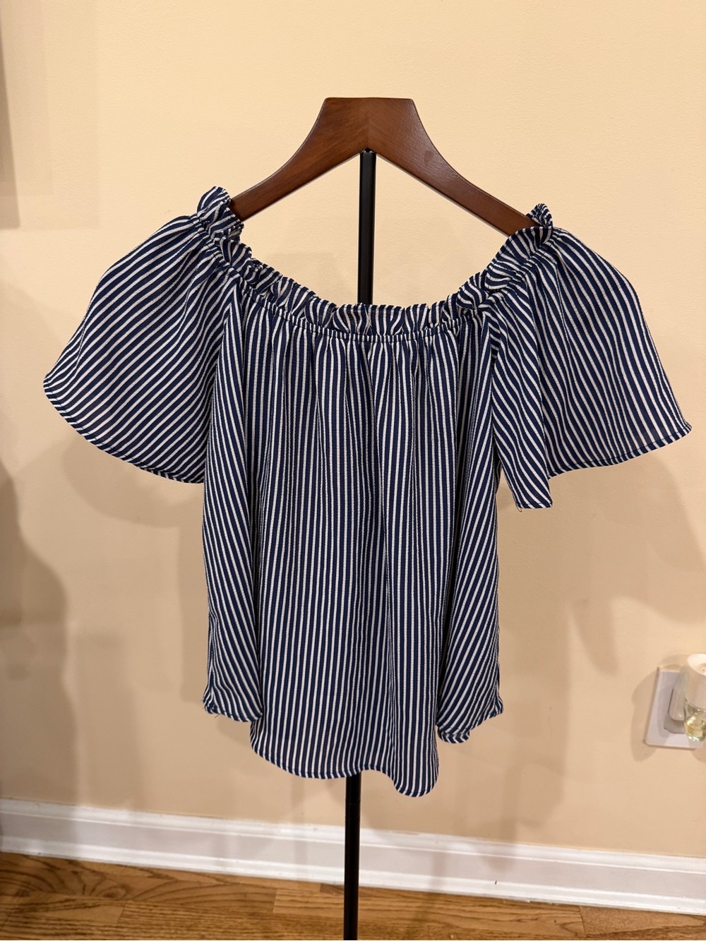 Primark Blue White Striped Off Shoulder Puff Sleeve Blouse Women’s Size 6
